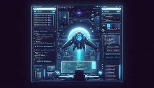 Espace de travail terminal Gemini CLI montrant l'analyse de base de code, les commandes shell, les modifications de fichiers, l'ancrage Google Search, les outils MCP, la revue de pull request GitHub, les sessions checkpointées et la sortie d'automatisation structurée.