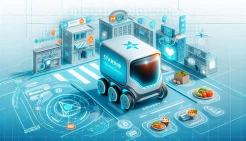 Robot autónomo de entrega em passeios da Starship Technologies mostrando entrega de comida e compras, navegação baseada en sensores, travessia de estradas, perceção por aprendizagem automática, fluxo de trabalho de aplicação de entrega e logística de última milha com baixas emissões.