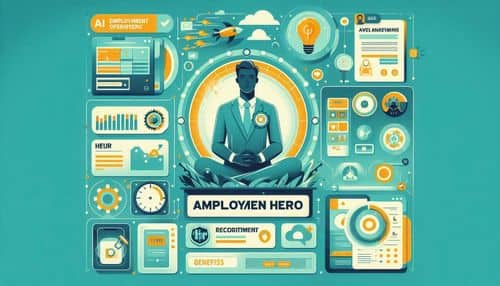 Employment Hero dashboard showing AI-powered HR workflows, payroll automation, recruitment pipeline, onboarding tasks, employee records, compliance reminders, leave management, benefits, and workforce insights.