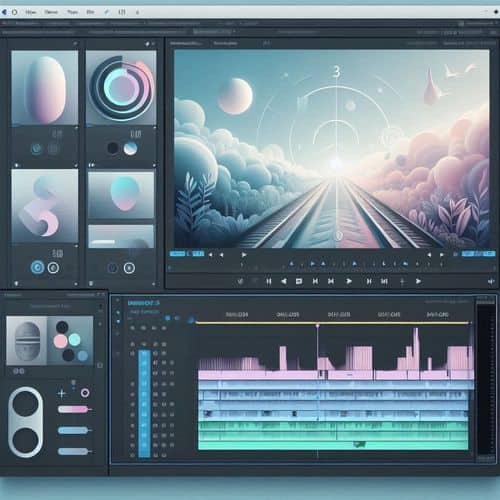 Adobe Premiere interface showing timeline editing, AI tools, video effects, audio mixing, and professional post-production workflow.