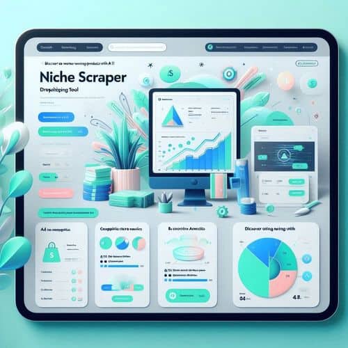 Niche Scraper dashboard showing product-scraper results, store analytics, ad previews and trend filters.