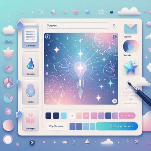 Canva AI assistant panel showing prompt input, generated copy suggestions, design variations, and text-to-image results within a modern editor.