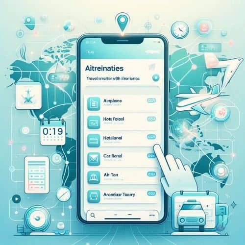 TripIt travel-planner dashboard showing consolidated itinerary: flights, hotel bookings, car rental and activity schedule on a world-map overview.