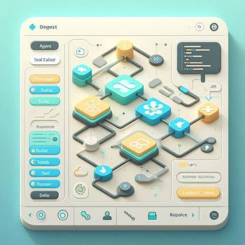 LangChain-style workflow showing an agent calling tools, retrieving documents, and generating grounded answers with a pipeline view and logs.