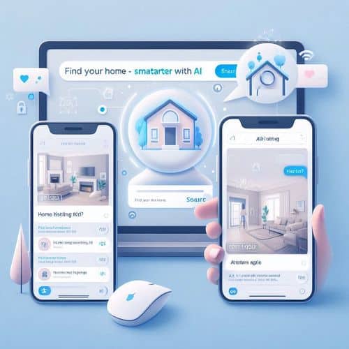 Zillow app showing natural-language search input, listing results and virtual staging carousel.