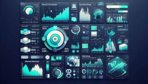 StockIntent dashboard showing stock screener filters, company reports, backtesting charts, valuation models, watchlists, financial metrics, ranking systems, and portfolio research tools.