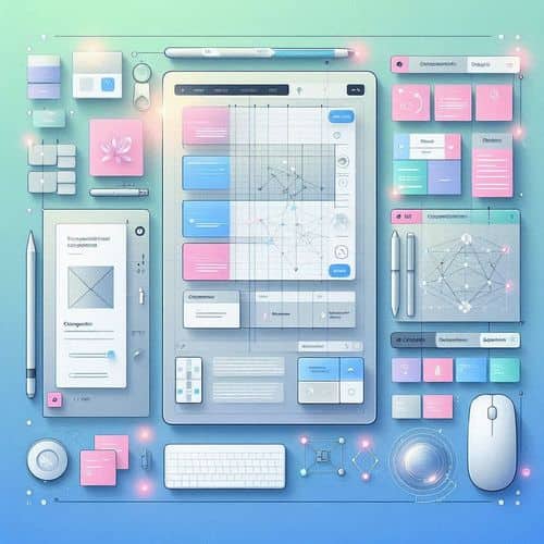 Figma canvas showing UI frames, component library, prototyping connections, comments, and AI-assisted suggestion panels.