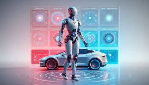 完全自動運転ニューラルネットワーク、Optimusヒューマノイドロボット、AI推論チップ、Dojoスーパーコーピュターによるトレーニング、コンピュータビジョン認識、モーションプランニング、制御、フリート学習、そして物理的AIの自動運転を示すTesla AIプラットフォーム。