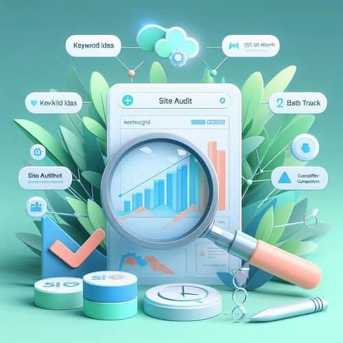 Semrush dashboard showing keyword analytics, site audit health score, rank tracking trends, and competitor insights.