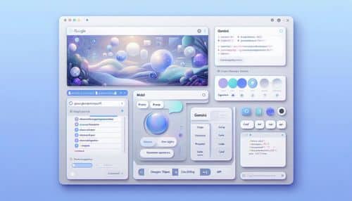 Google AI Studio interface showing Gemini prompt testing, model settings, chat workflow, and API code generation.