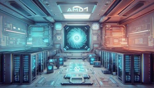 AMD AI platform showing Instinct GPU accelerators, EPYC server CPUs, Ryzen AI PCs, ROCm software stack, AI inference, model training, data center infrastructure, edge AI, and developer cloud workflows.