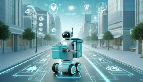 Serve Robotics 自动配送机器人,配备 AI 感知、摄像头传感器、配送舱、行人意识、路线规划和低排放最后一公里物流工作流程,正在城市人行道上导航。
