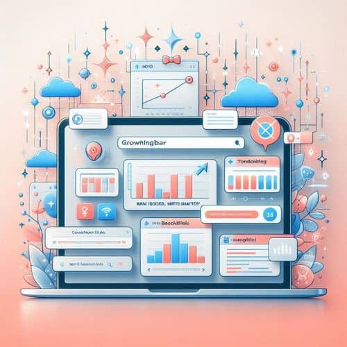 GrowthBar interface featuring AI content outline, keyword metrics, and SEO analysis charts.
