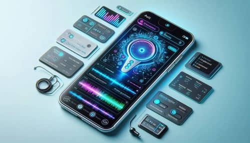 Appareil portable Pocket AI attaché à un téléphone, capturant réunions et conversations, puis synchronisé dans une application avec transcriptions, résumés, actions à réaliser, cartes mentales, tâches de calendrier et notes consultables.