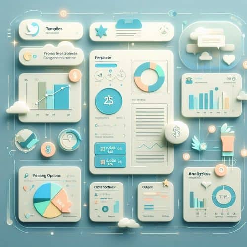 Bidsketch dashboard highlighting proposal editor, pricing table setup, client comment threads, and analytics summary.