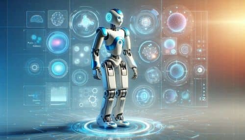 NEURA Robotics ecosystem showing 4NE1 humanoid robot, MiPA service robot, MAiRA cognitive cobot, LARA collaborative robot, MAV autonomous mobile robot, AURA AI perception, Neuraverse apps, and physical AI automation workflows.