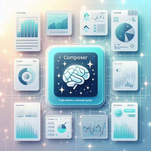 Composer interface showcasing strategy builder, backtest results, and live deployment dashboard.